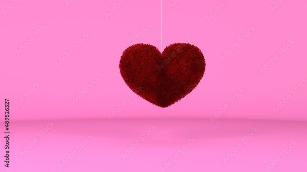 3D Render : wallpaper background display as a red fur heart hanging from the ceiling
