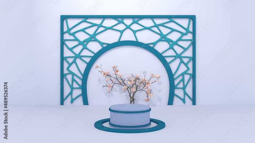 3D Render : Scene with 3D Abstract geometry shape background. podium platform mock up scene for display your product or object.
Light Blue and green with flower color theme
