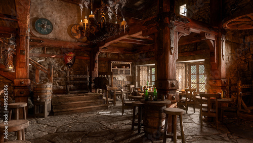Fotografia Dark moody medieval fantasy tavern inn bar with candles burning and daylight coming through windows