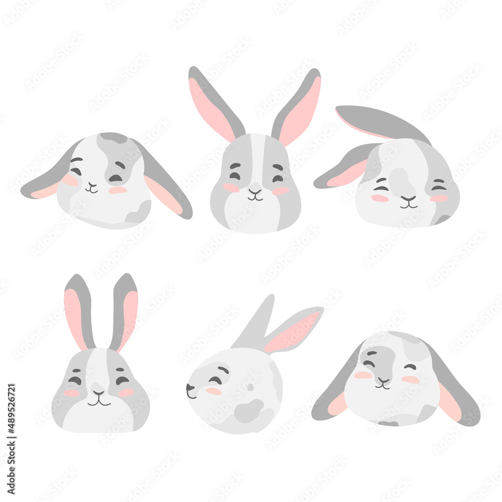 Bundle of funny bunny faces isolated on white background. Set of cute Easter rabbits or hares, forest animals. Flat cartoon colorful vector illustration
