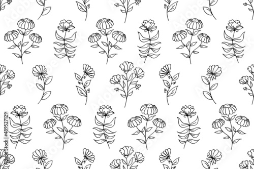 Floral seamless black and white. Flowers and leaves. Repeating monochrome background. Summer and spring print. Blooming line art flowers and flowering herbs with black lines on white background.