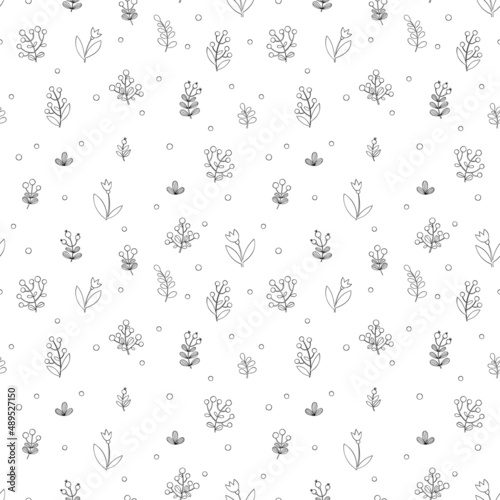 Flowers, leaves, berries. Cartoon plants print. Seamless vector pattern (background).