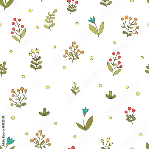 Flowers, leaves, berries. Cartoon plants print. Seamless vector pattern (background).