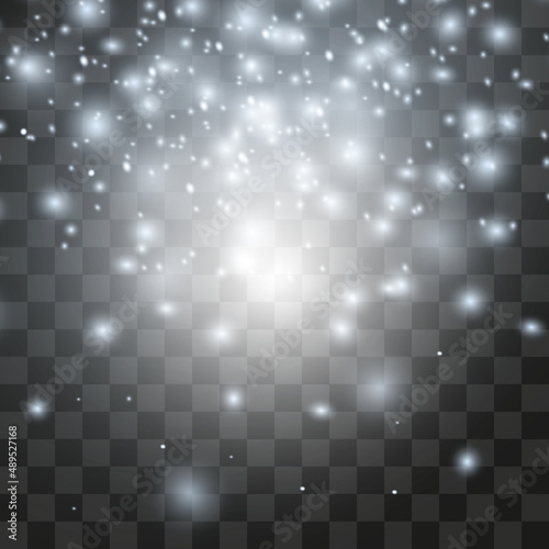 Blurred frame of falling snow sundogs light effect, hazy nebula sphere. Silver white glowing cluster of shining stardust sparkles on transparent background. Magical cloud illumination.