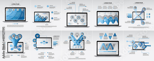 Set of infographic elements data visualization vector design template on laptop