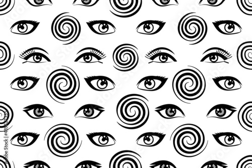 Woman eyes with swirls and twirls seamless pattern. Abstract hypnosis repeating pattern. Girl and woman eyes illusion black and white pattern. 