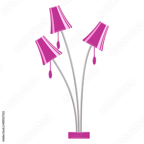 Floor lamp for home, office. Three identical lampshades on their own stand, purple. Lampshade design for floor lamp, fashionable interior. Vector icon, multicolored, cartoon, complex flat, isolated
