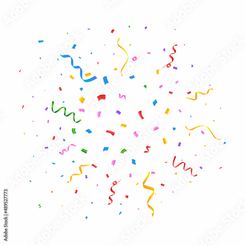 Confetti vector illustration for festival background. Simple tinsel and confetti explosion. Red, green, golden, blue confetti on white background. Event and party celebration.