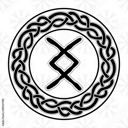 Rune Inguz Ingwaz in a circle - an ancient Scandinavian symbol or sign, amulet. Viking writing. Hand drawn outline vector illustration for websites, games, engraving and print.