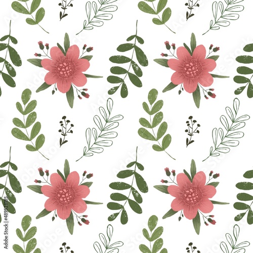 Seamless pattern with botanical elements of flowers, leaves hand-drawn, watercolor.