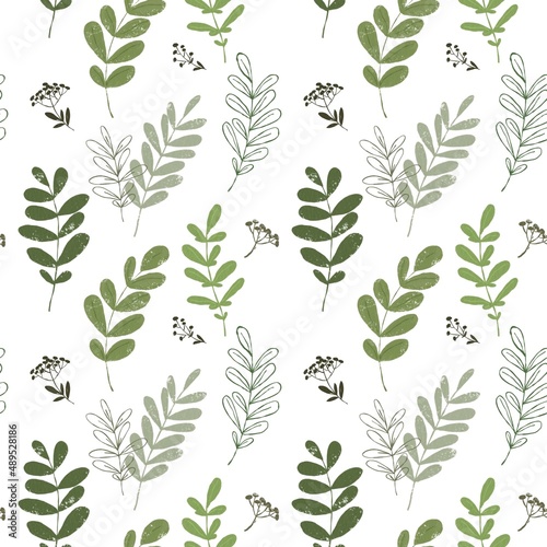Seamless pattern with botanical elements of leaves hand-drawn, watercolor.