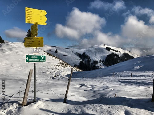 Wander-Wegweiser in Winterlandschaft am Wandberg, Tirol, Alpen, Österreich