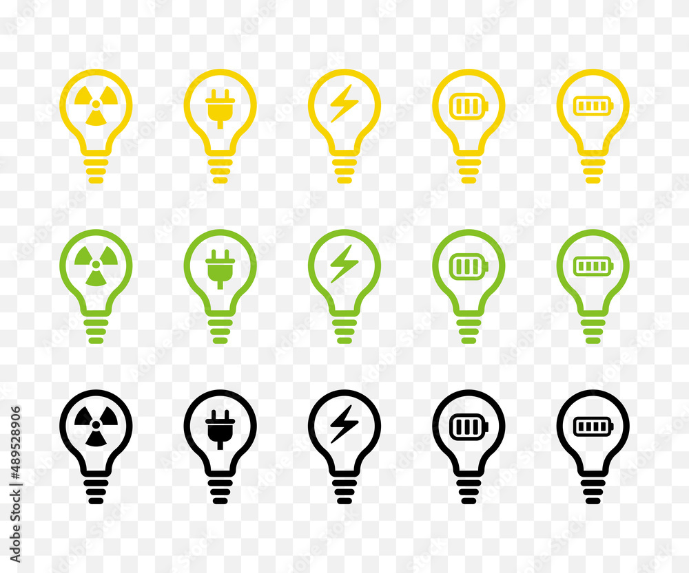 Light bulb vector outline icon set. Alternative energy concept. Yellow, green and black. Light bulb vector outline icon set. Alternative energy concept. Yellow, green and black.