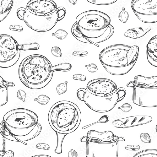 French onion soup set. Vector  pattern.