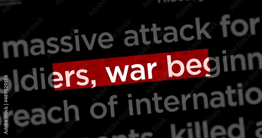 News titles across international web media with war outbreak and military attack search. Abstract concept of internet headline information on dynamic displays animation. News titles across international web media with war outbreak and military attack search. Abstract concept of internet headline information on dynamic displays animation.