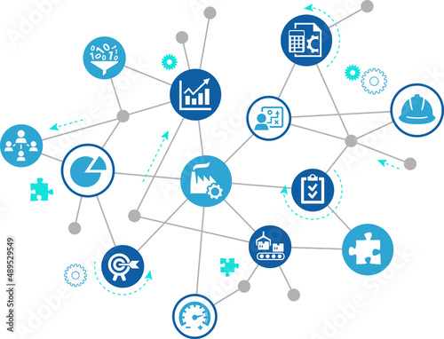 ERP / enterprise resource planning vector illustration. Concept with icons on organization & management strategy, industrial reporting & statistics, information & data on sales, purchasing, production