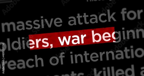 News titles across international web media with war outbreak and military attack search. Abstract concept of internet headline information on dynamic displays animation. photo