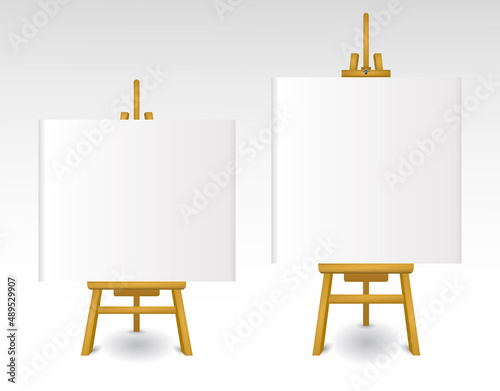 realistic easels with blank white board, isolated wooden brown easel with blank horizontal canvas. eps format
