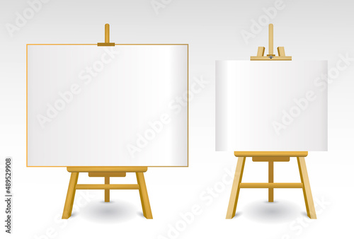 realistic easels with blank white board, isolated wooden brown easel with blank horizontal canvas. eps format
