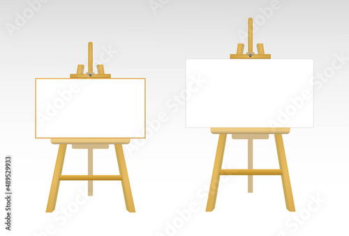 realistic easels with blank white board, isolated wooden brown easel with blank horizontal canvas. eps format 