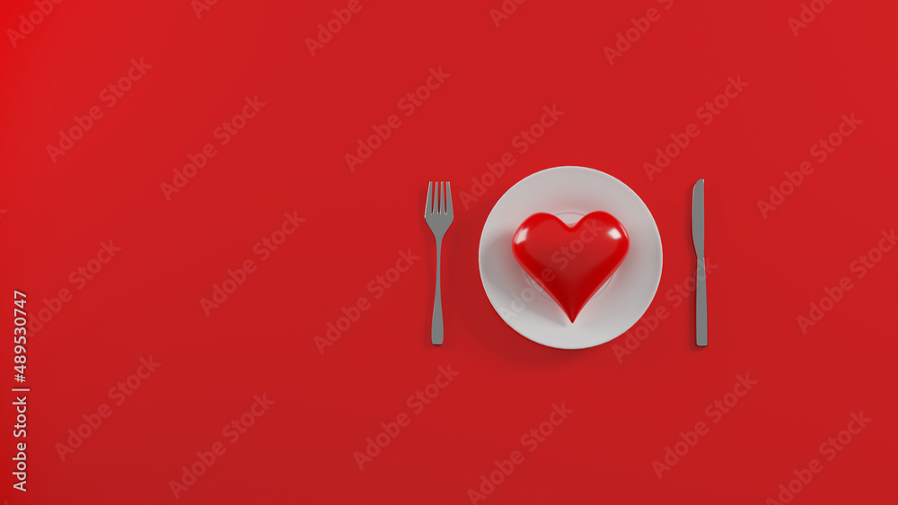 Red heart on white plates with silver cutlery on a red table. Top view on Valentine's day table setting. 3D Rendering