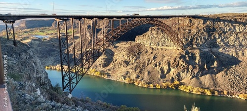 Long metal bridge across the Snake River in the USA. Near Twin Falls.