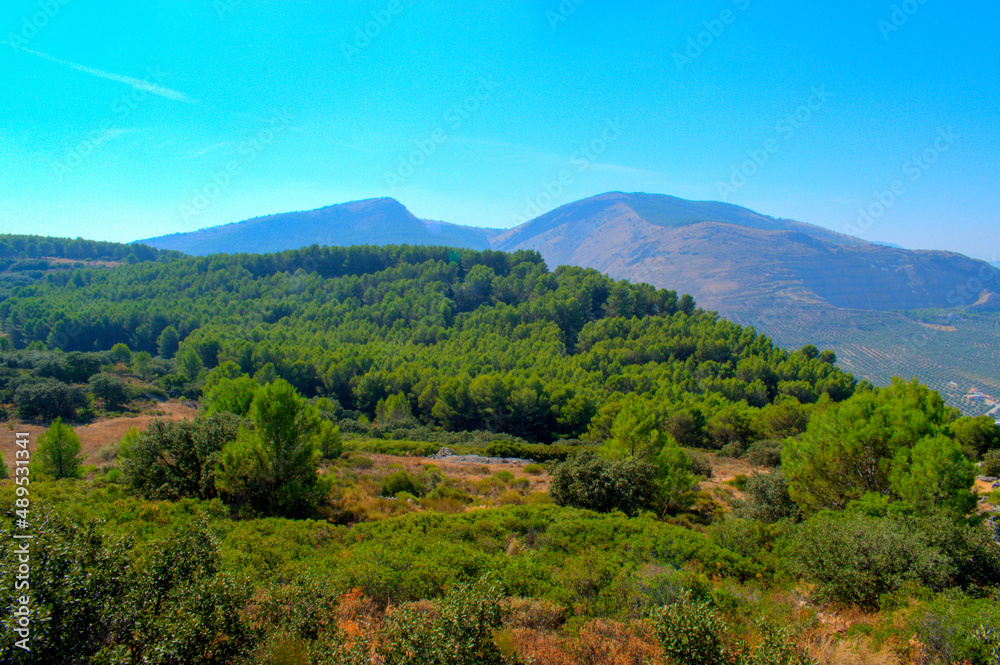Obraz premium Grassy mountain with crolling clouds and blue sky.