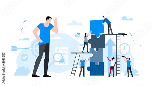 Manager looks at the poor-quality work of subordinates. Animation ready duik friendly vector Illustration. Conceptual business story. Puzzle connection, teamwork abstract metaphor, partnership.