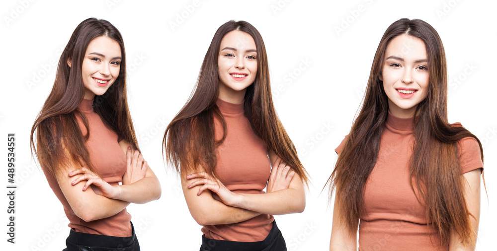 Collage three happy beautiful brunette women Collage three happy beautiful brunette women