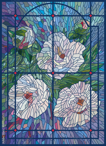 Stained glass flowers. White peonies on a blue background. Vertical glass picture in an openwork lattice.
