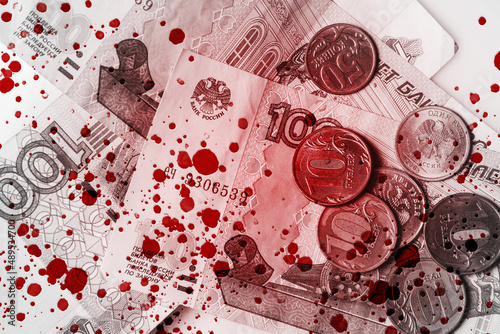  Bloody russian ruble money. Concept of illegal, criminal earnings and war profiteer.