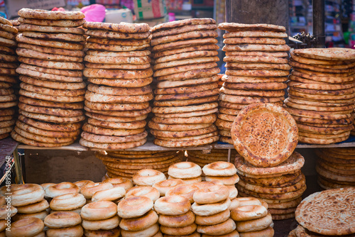 Nan bread and bagels in an outdoor market, Kashgar, Xinjiang, China