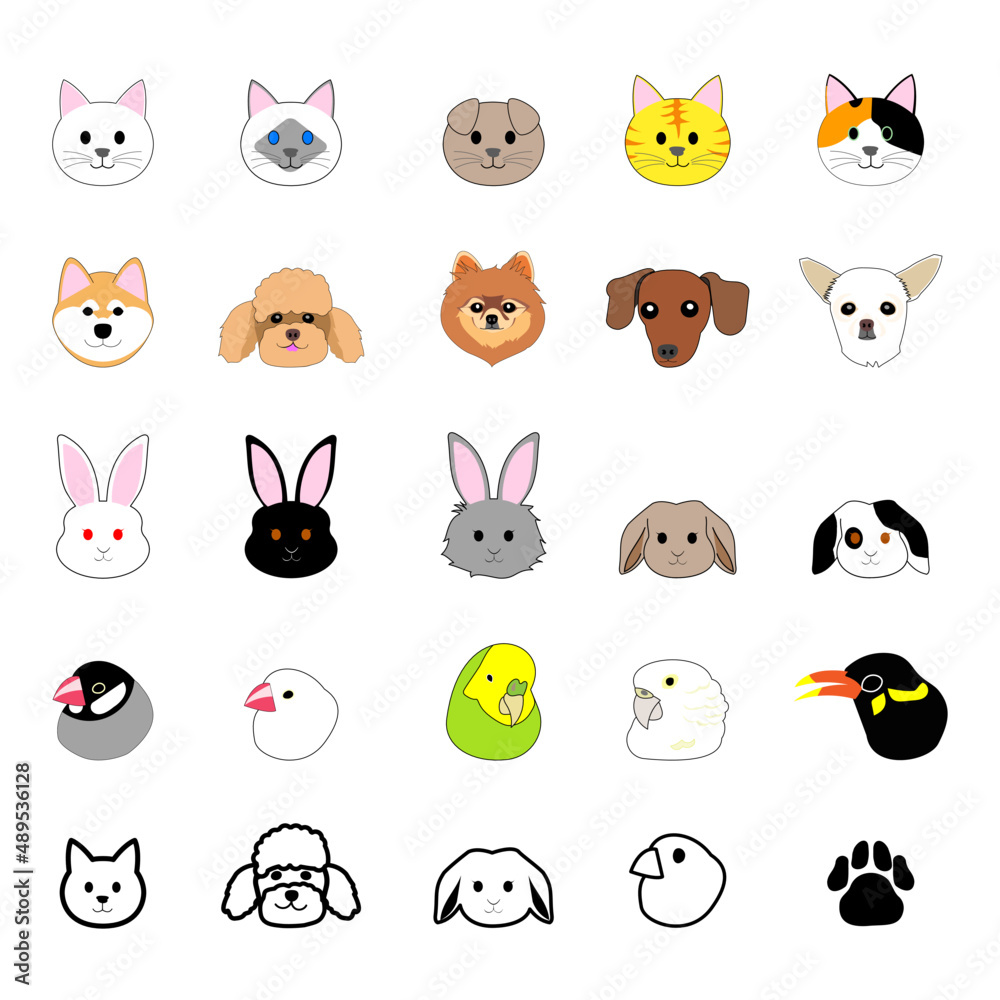 Fototapeta premium Collection of animal heads; rabbits, cats, dogs, and birds