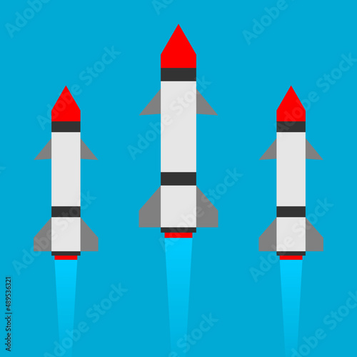 Missile rocket warhead launch frying with blue sky background in war flat vector design.
