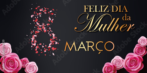 cartão ou banner no dia da mulher em 8 de março em ouro sobre fundo preto com o 8 formado de pétala de cor rosa e rosas na parte inferior