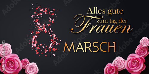 Karte oder Banner am Frauentag am 8. März in Gold auf schwarzem Hintergrund mit der 8 aus rosafarbenem Blütenblatt und Rosen am unteren Rand