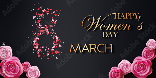 card or banner on Women's Day on March 8 in gold on a black background with the 8 formed of pink color petal and roses at the bottom