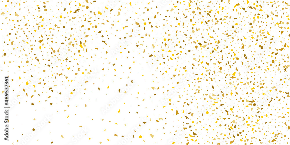 Golden glitter confetti on a white background. Illustration of a drop of shiny particles. Decorative element. Luxury background for your design, cards, invitations, gift, vip.