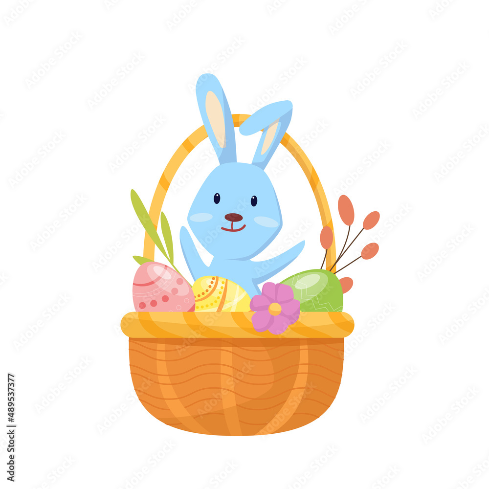 A cute rabbit sits in a basket with eggs and flowers. The concept of the spring holiday Easter. Vector cartoon illustration A cute rabbit sits in a basket with eggs and flowers. The concept of the spring holiday Easter. Vector cartoon illustration