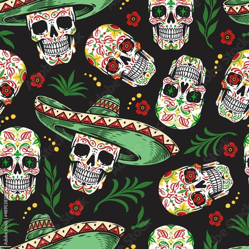 Colorful sugar skulls seamless pattern