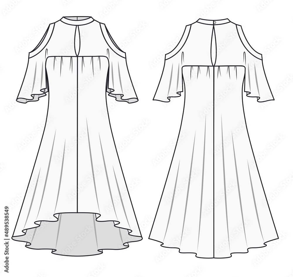 Dress fashion flat sketch template.Fashion design. Technical drawing of ...