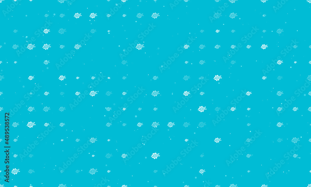 Seamless background pattern of evenly spaced white digital tech symbols of different sizes and opacity. Vector illustration on cyan background with stars