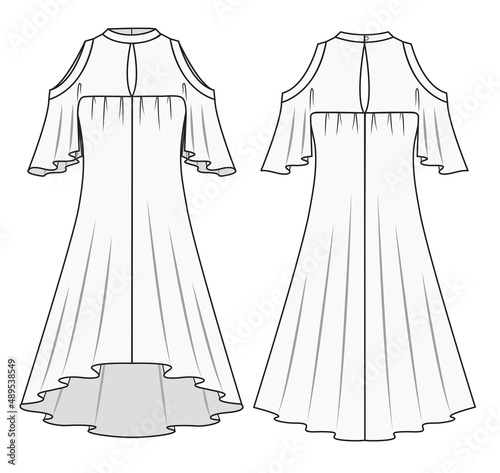 Dress fashion flat sketch template.Fashion design. Technical drawing of the dress. Off-the-shoulder dress front and back views. Dress with short sleeves.