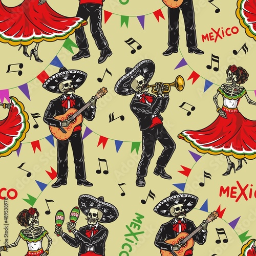 Skeleton performers vintage seamless pattern