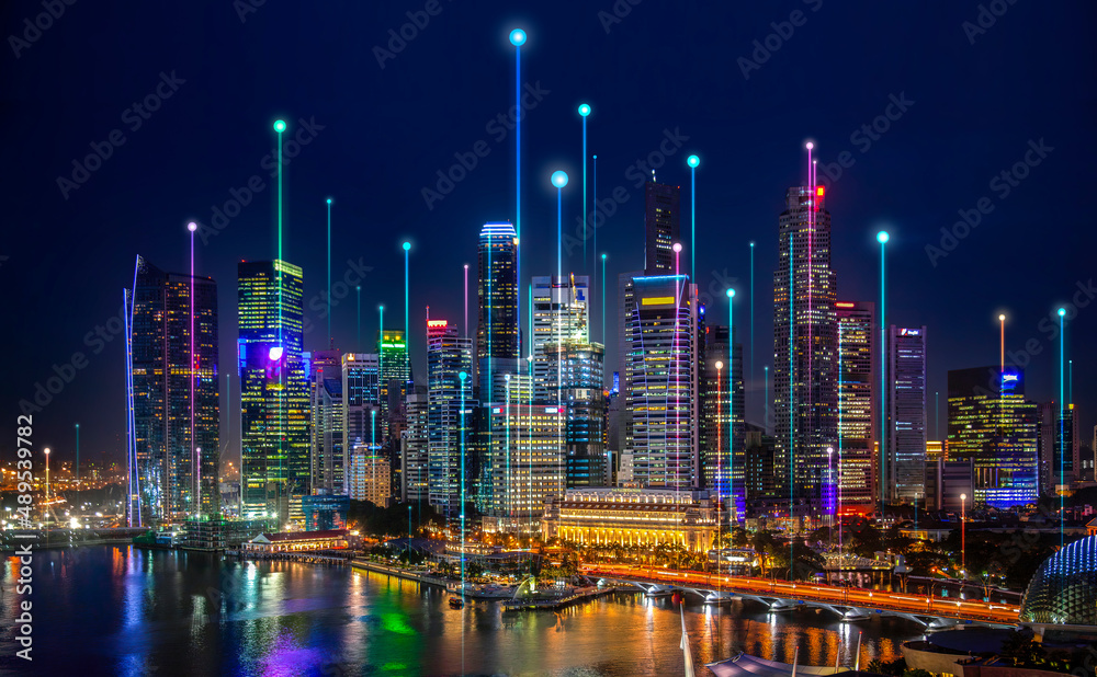 Fototapeta premium 22nd May 2009, Singapore - Beautiful night view of Singapore financial district downtown