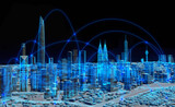 3D Rendering, digital Kuala Lumpur city wireframe in bright blue and white colors particles, Sphere particle connected wireless. Digital technology and communication concept.