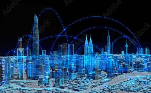 Photography 3D Rendering, digital Kuala Lumpur city wireframe in bright blue and white colors particles, Sphere particle connected wireless