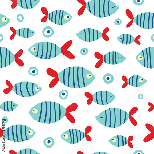 Seamless pattern with cute striped fish. Designed for fabric design, textile print, wrapping, cover. Vector illustration.