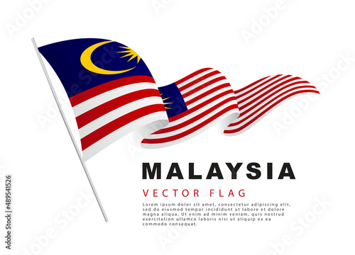 The flag of Malaysia hangs on a flagpole and flutters in the wind. Vector illustration isolated on white background.