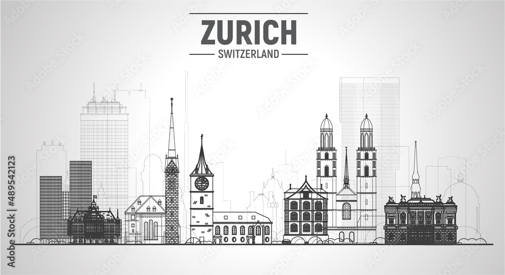 Fototapeta premium Zurich Switzerland skyline with panorama at white background. Vector Illustration. Business travel and tourism concept with modern and old buildings. Vector for presentation, banner, website.